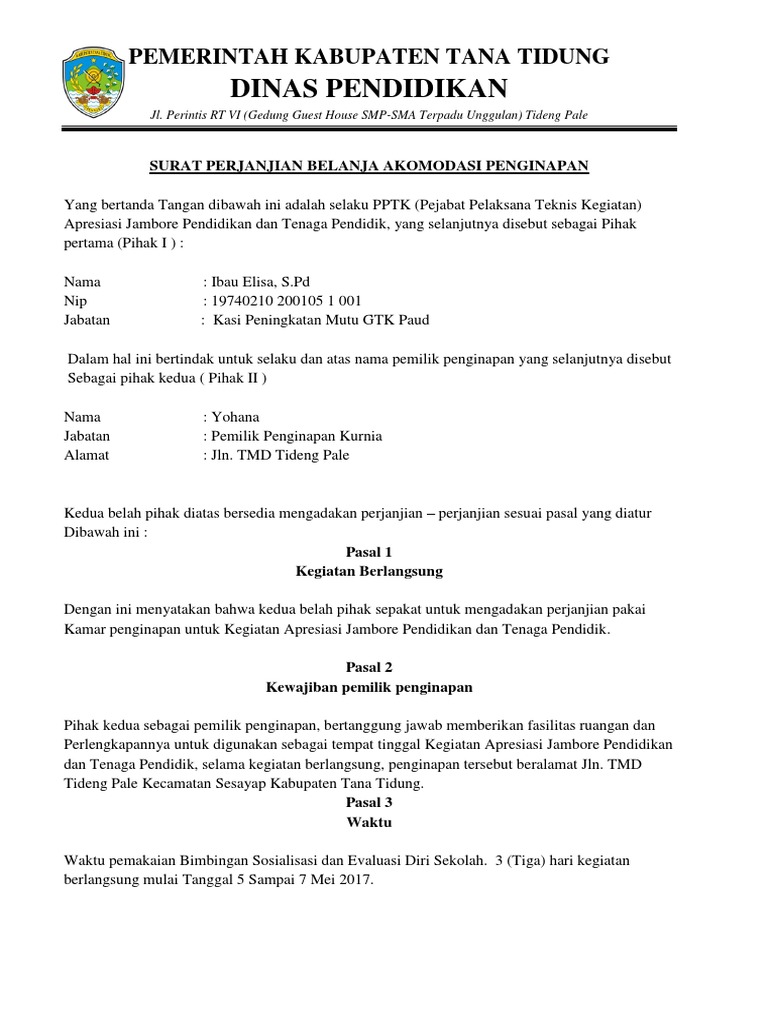 Surat Perjanjian Sewa Penginapan