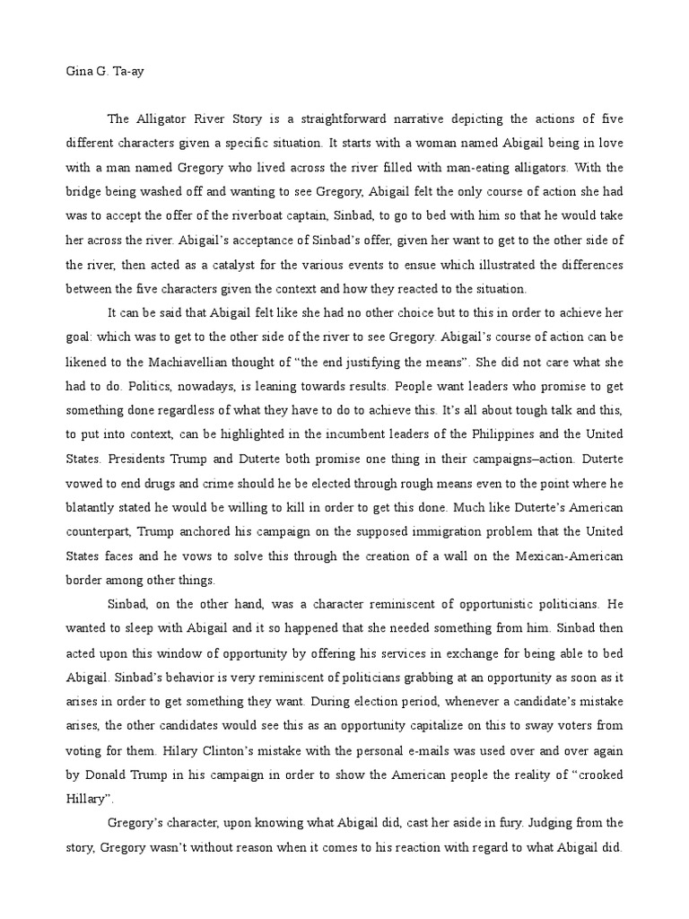 The Alligator River Story Reaction Paper PDF Hillary Clinton American Government