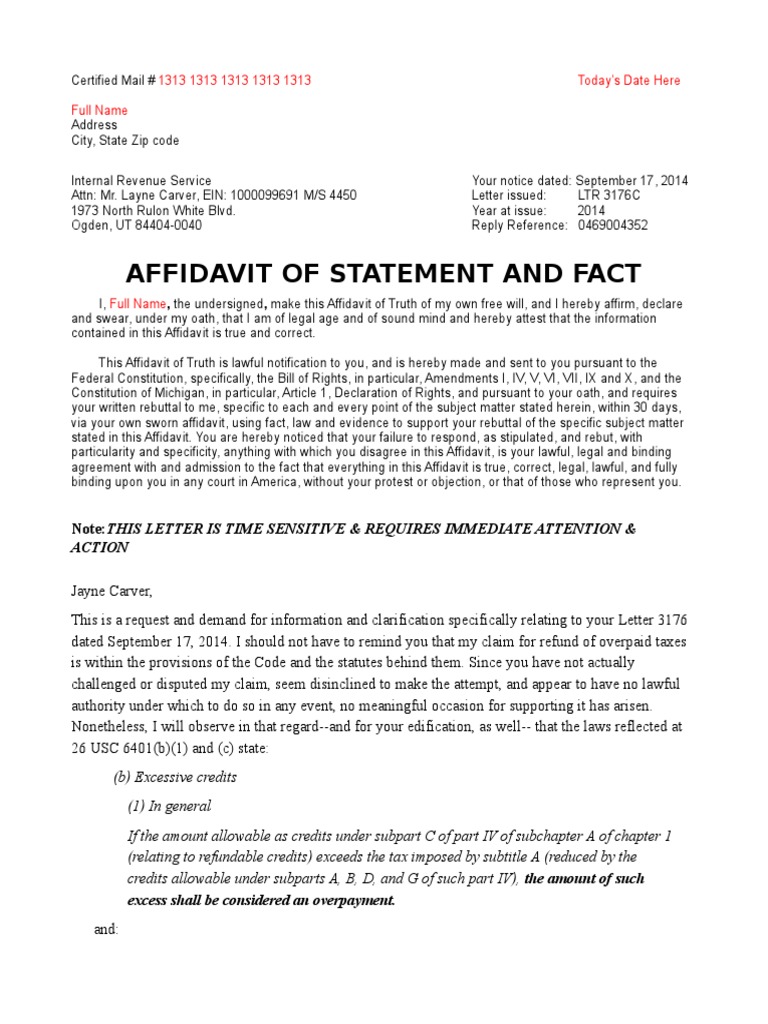 Frivolous Letter Template - 3176c | Affidavit | Internal Revenue Service