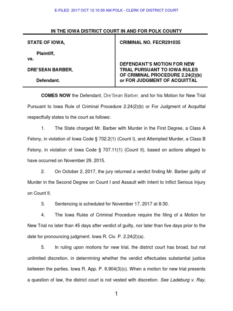 Barber Motion For New Trial | PDF | Murder | Criminal Procedure In ...