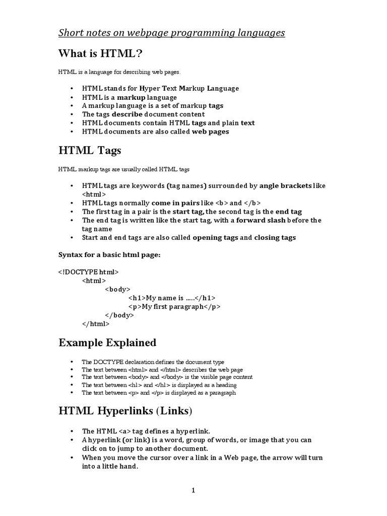 Short Notes On Webpage Programming Languages | PDF | Hyperlink | Html ...