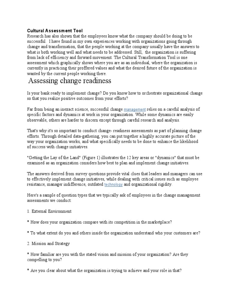 Assessing Change Readiness Cultural Assessment Tool Pdf Cognition