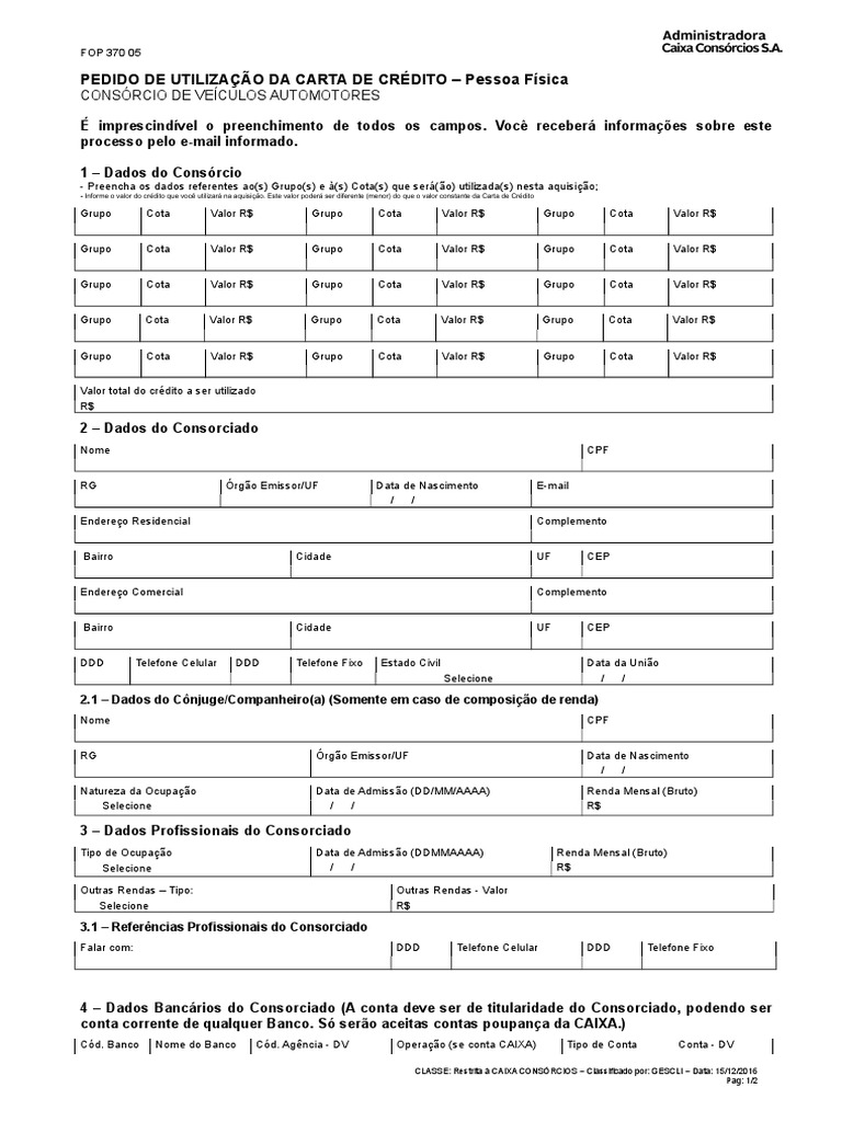 Pedido de Utilizacao Da Carta de Credito Pessoa Fisica  Veiculos