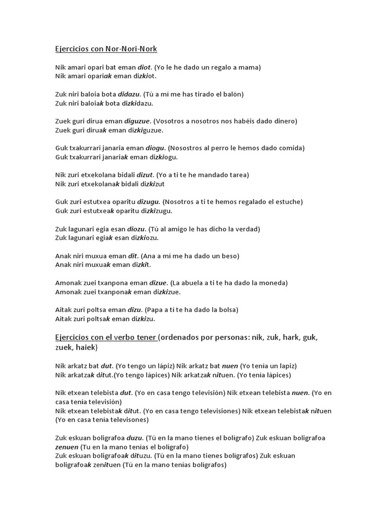 Frases Euskera Verbo Ser y Tener Presente y Pasado y Nor, Nori, Nork