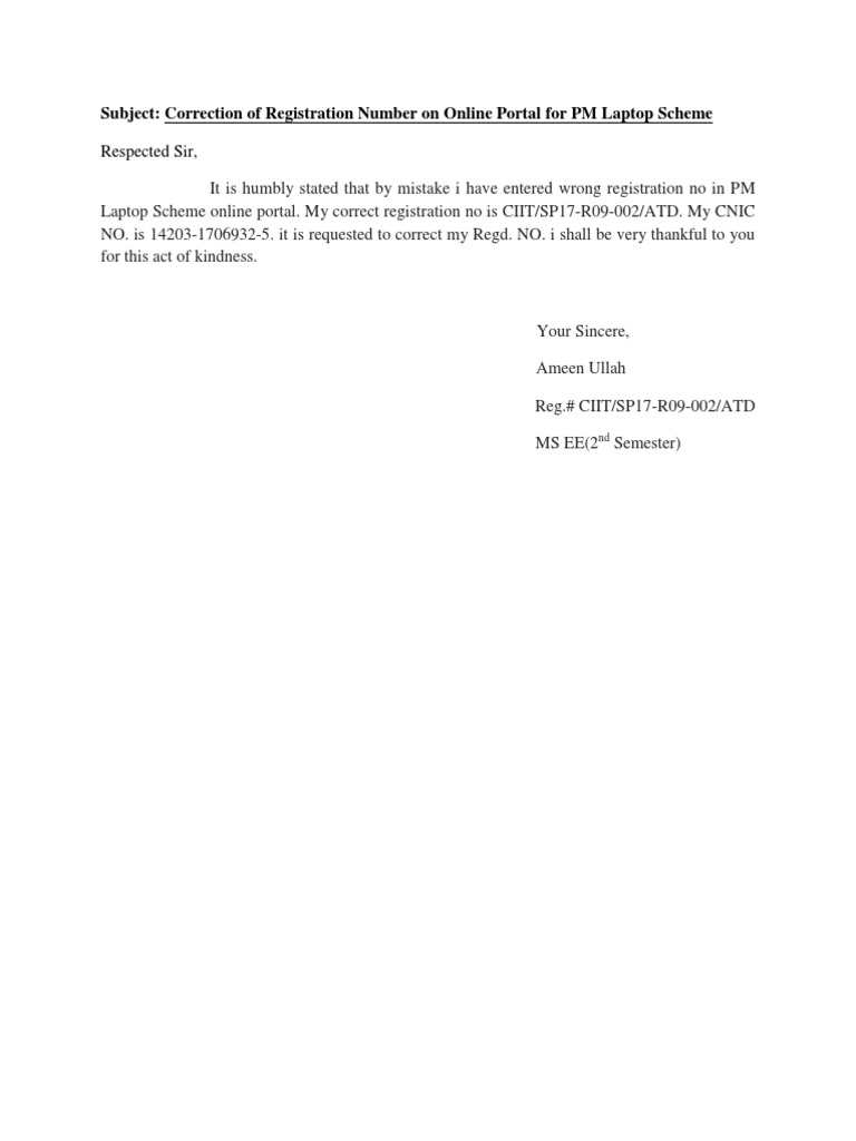 Respected Sir,: Subject: Correction of Registration Number On Online ...