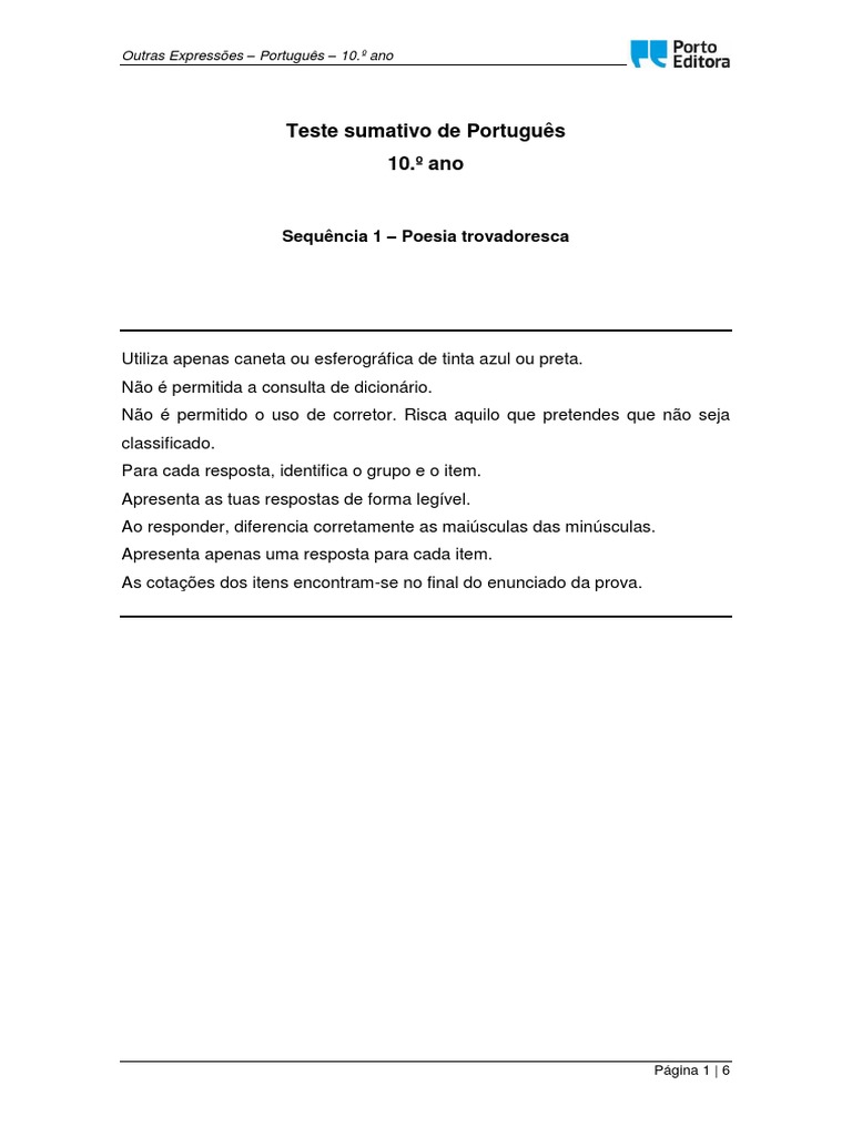 Teste de Português: Poesia Trovadoresca 10º Ano | PDF | Linguística ...