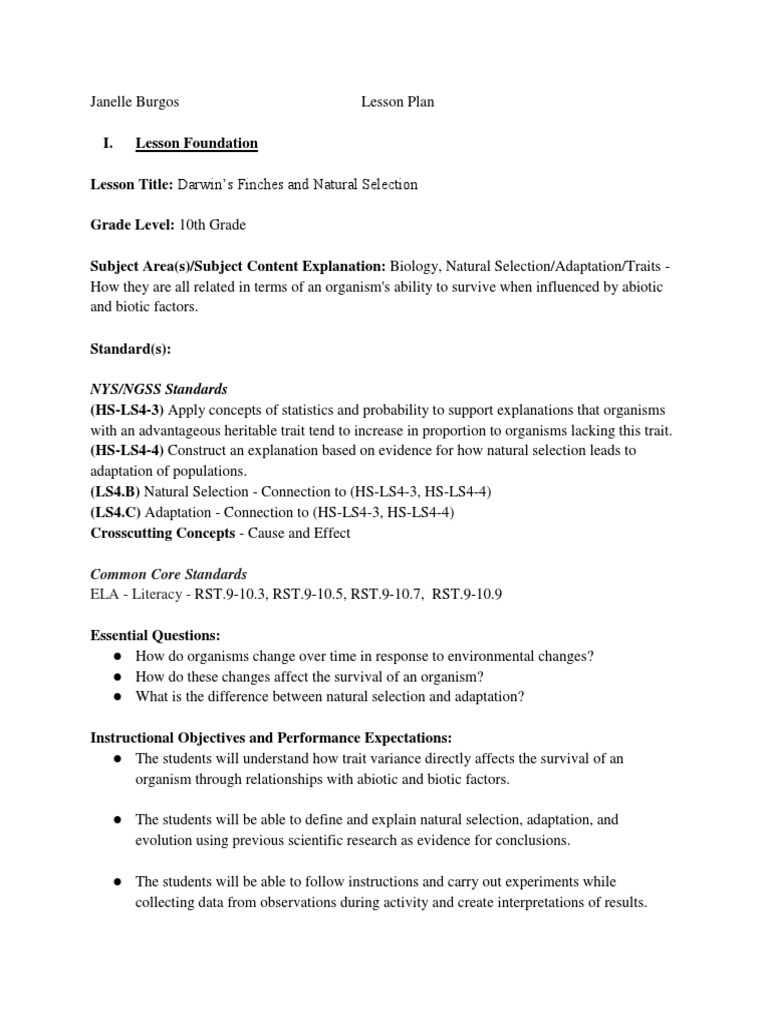 Lesson Plan 1 Natural Selection Adaptation