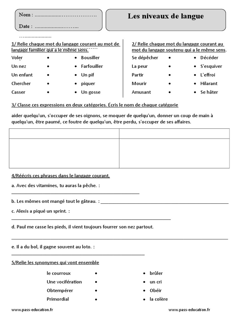 Les Déterminants Cm2 Exercices Corrigés Pdf Niveaux de Langue – Cm2 – Exercices Corrigés – Vocabulaire – Cycle 3