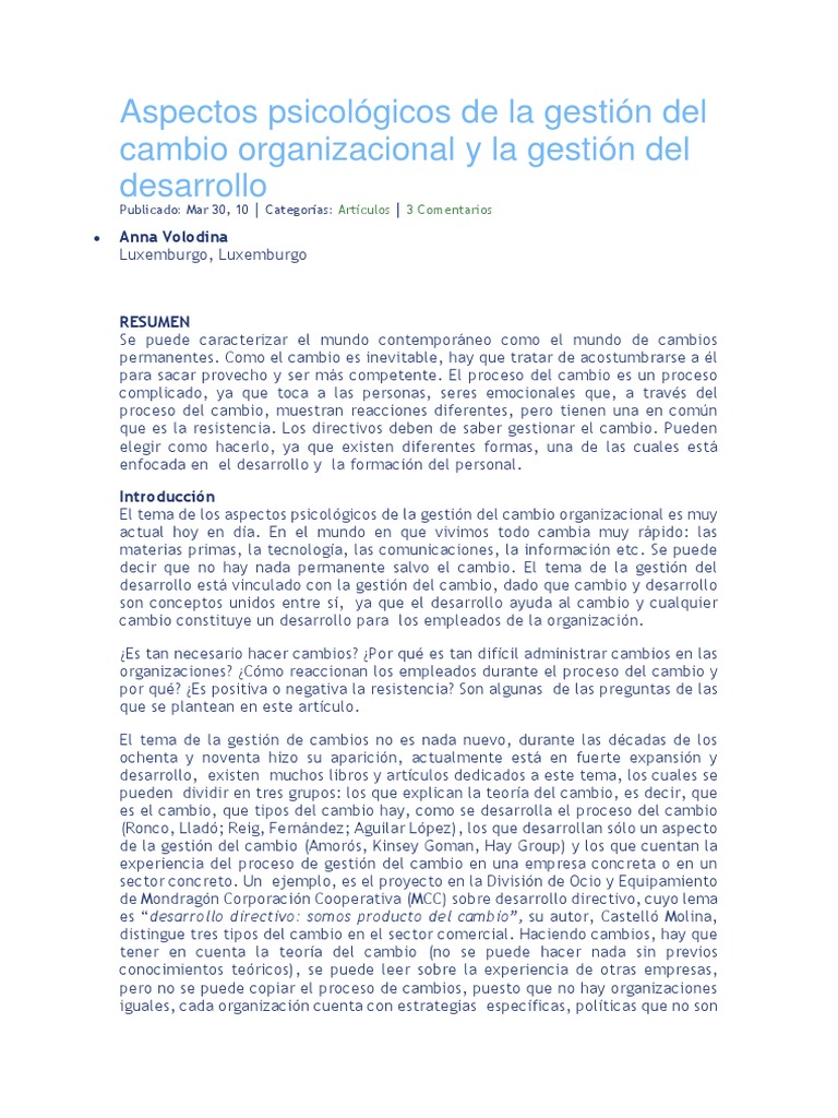 Psicología en la Gestión del Cambio Organizacional | PDF | Gestión del ...