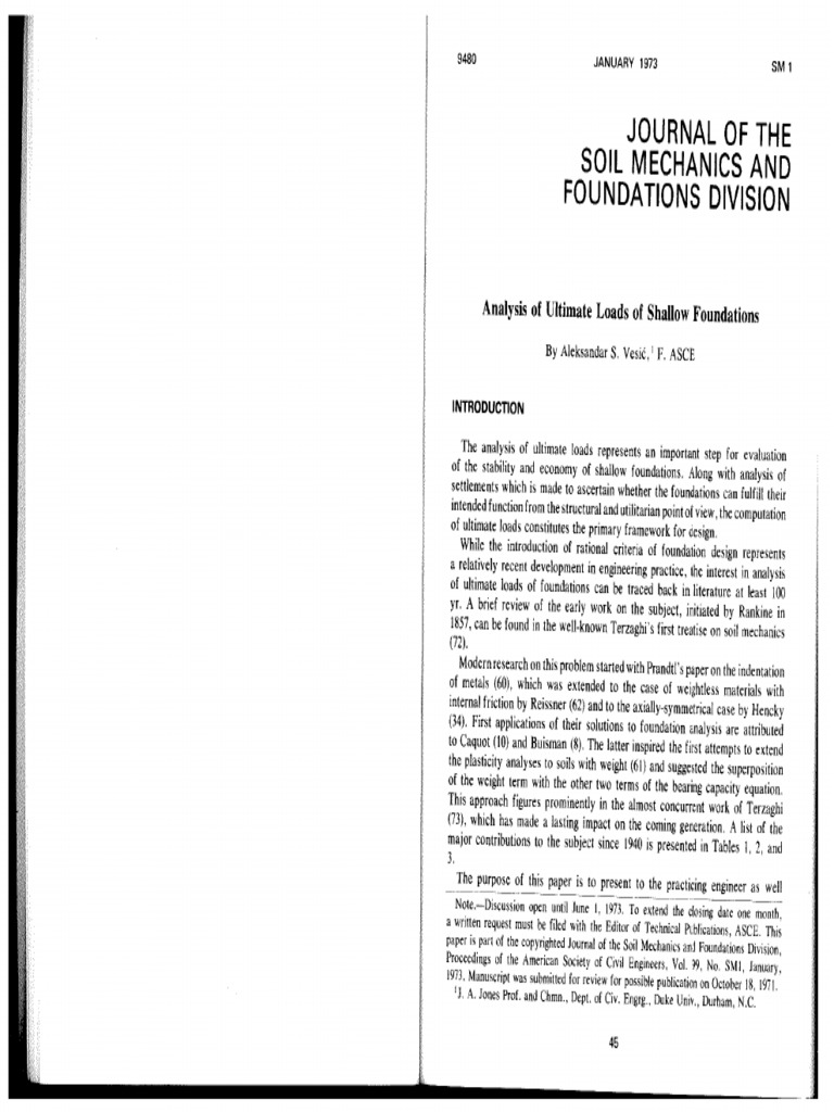 Vesic 1973 Analysis of Ultimate Loads of Shallow Foundations PDF | PDF