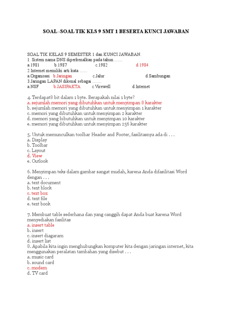 Soal Tik Kelas 9 Semester 1 Doc