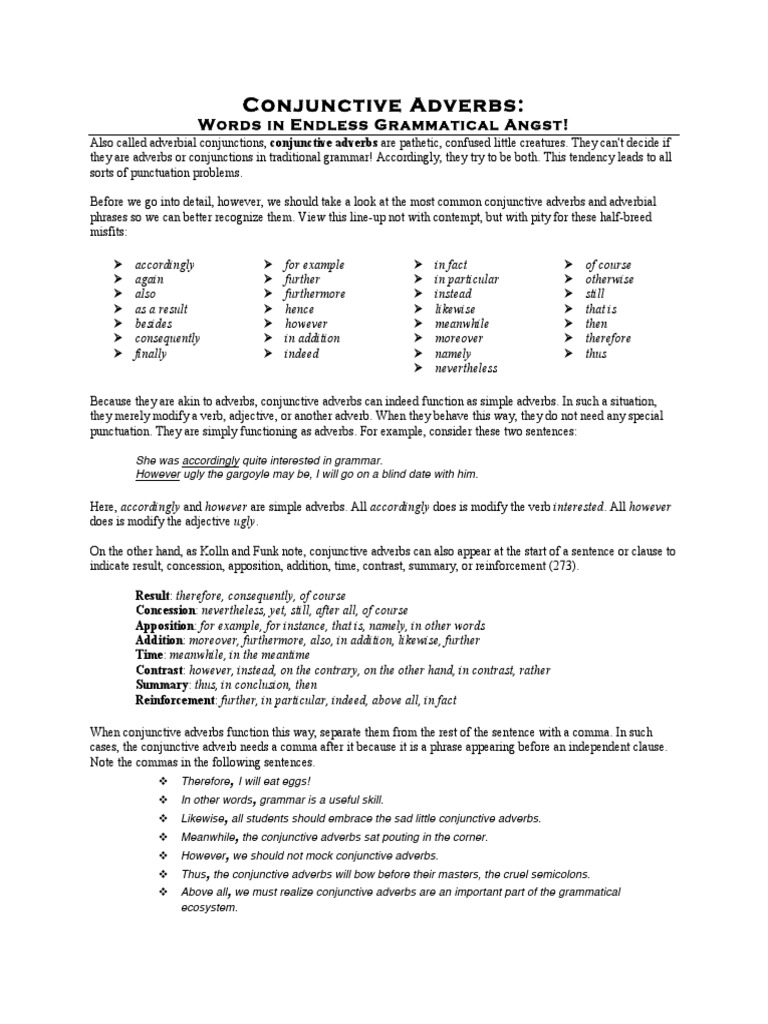 Conjunctive adverbs pdf adverb comma