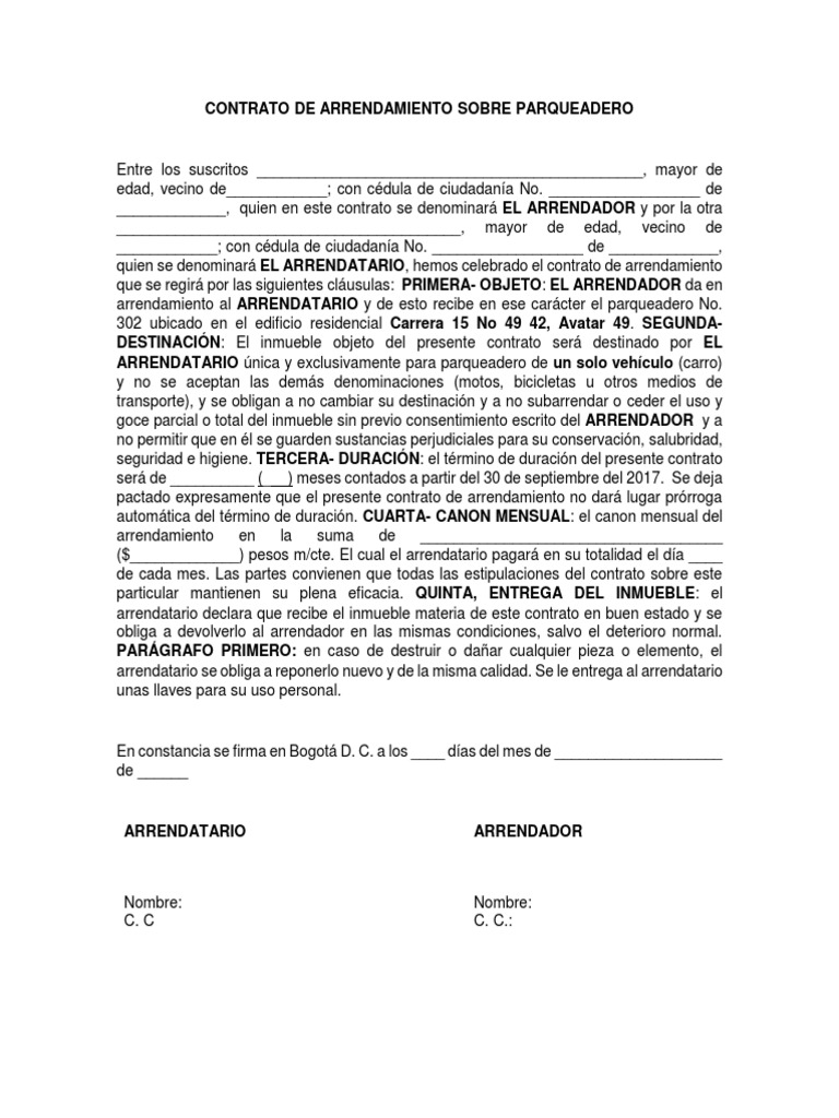 Contrato De Arrendamiento Sobre Parqueadero Estacionamiento