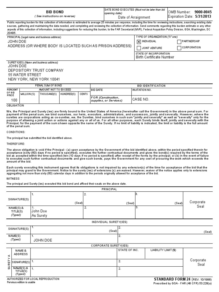 Bid Bond SF241 Bonds (Finance) Guarantee