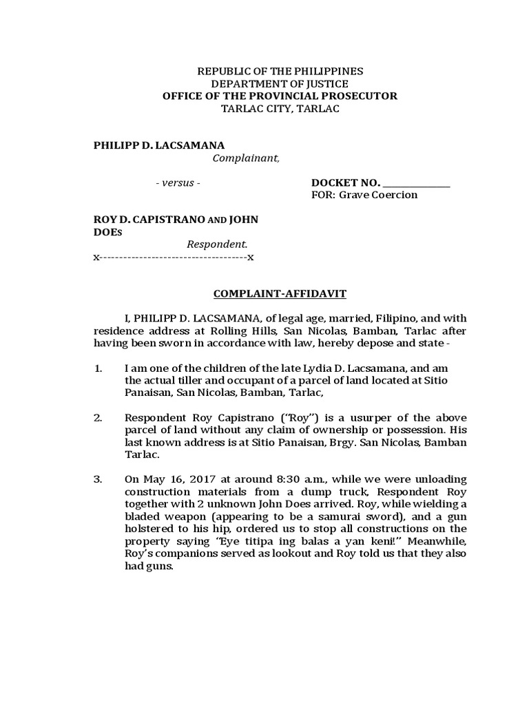 Complaint [G.coercion] sample Crimes Crime & Justice