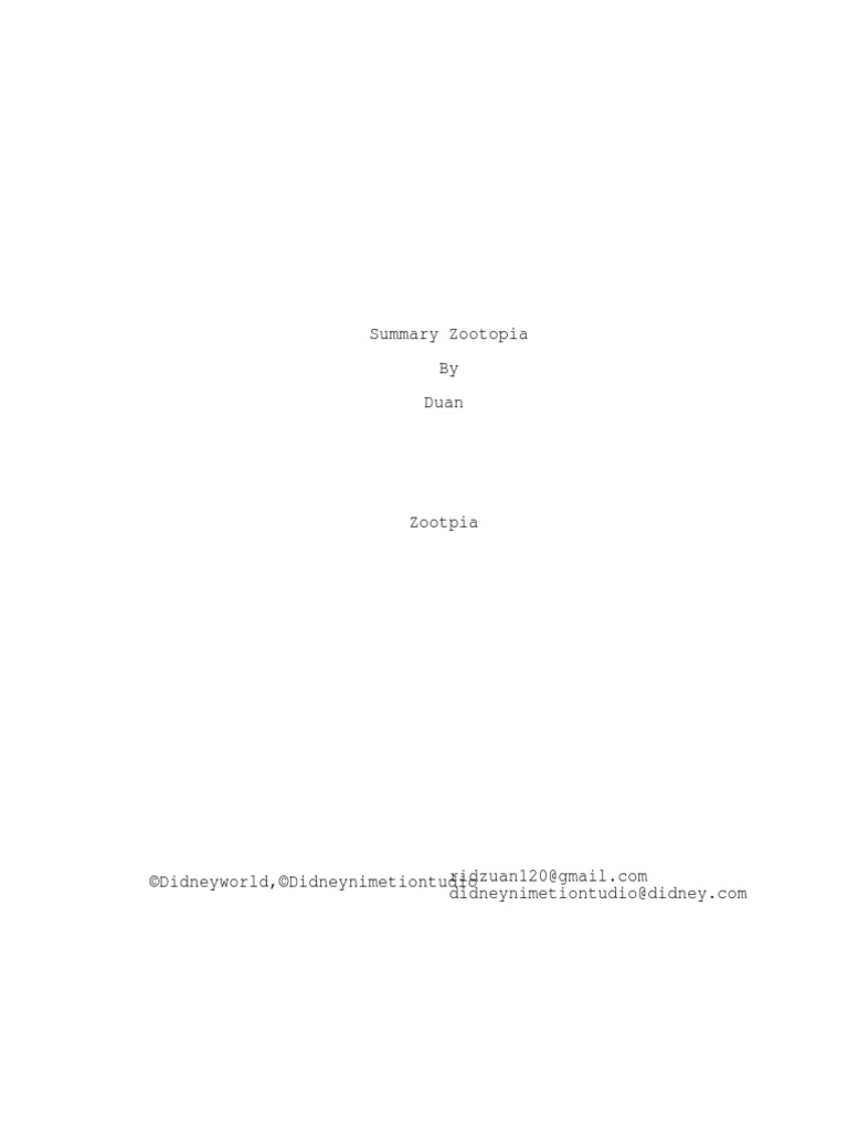 Summary Zootopia PDF PDF
