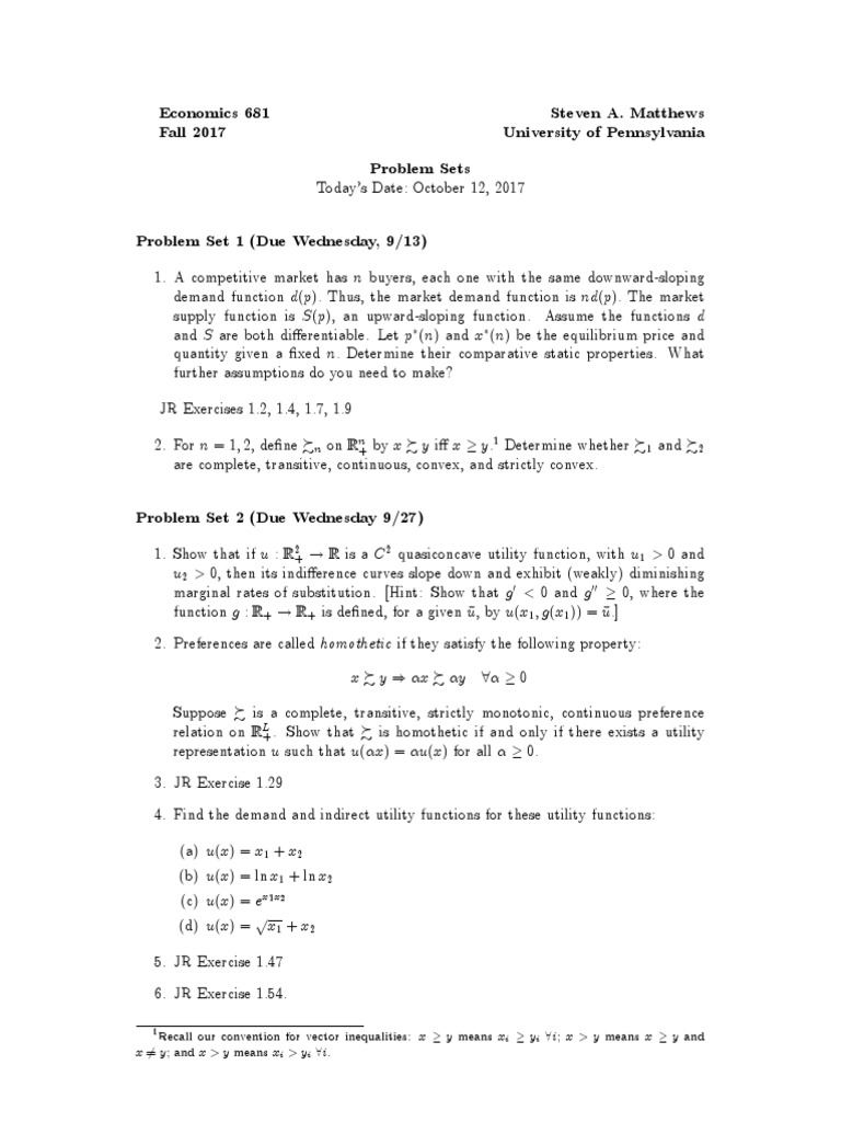 Economics Problem Sets | PDF | Utility | Demand Curve