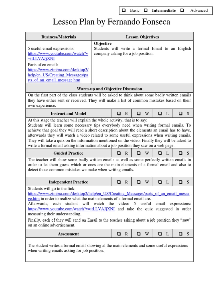 Email Writing Lesson Plan for Students | PDF | Lesson Plan ...