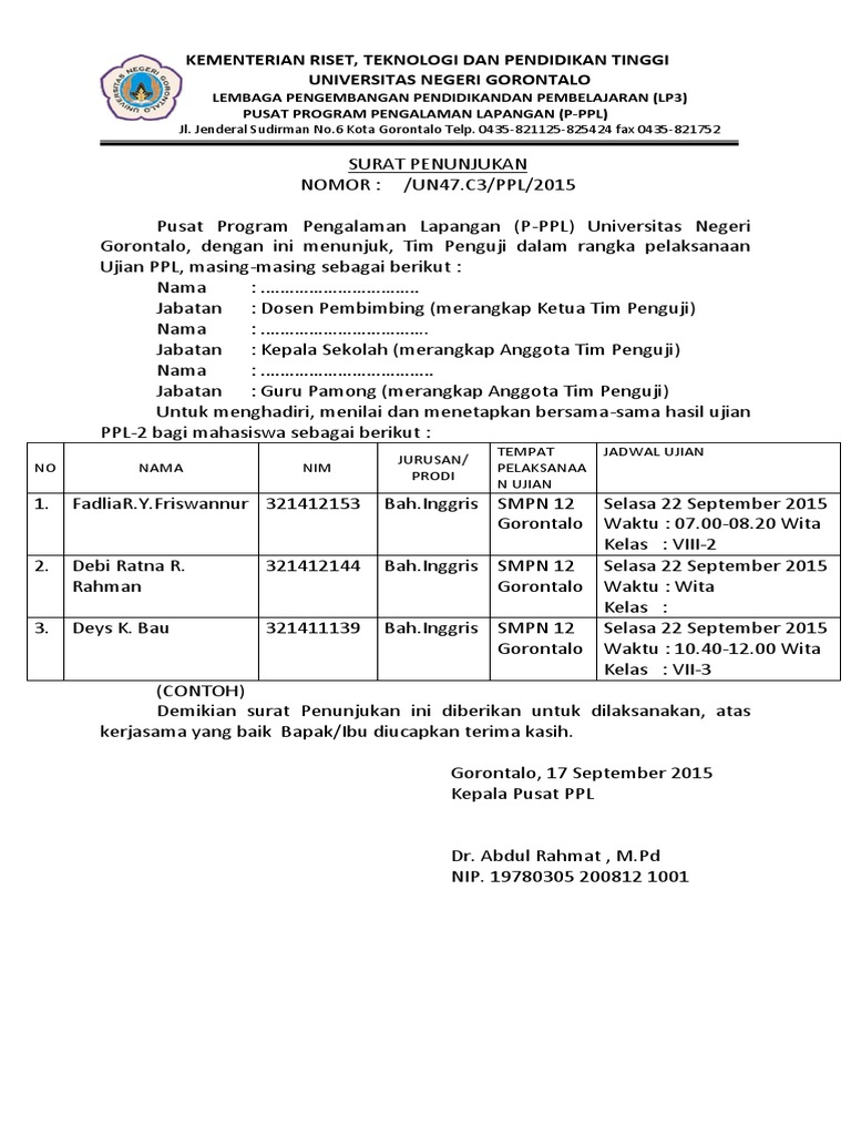 Format Surat Penunjukkan Dewan Penguji Ppl