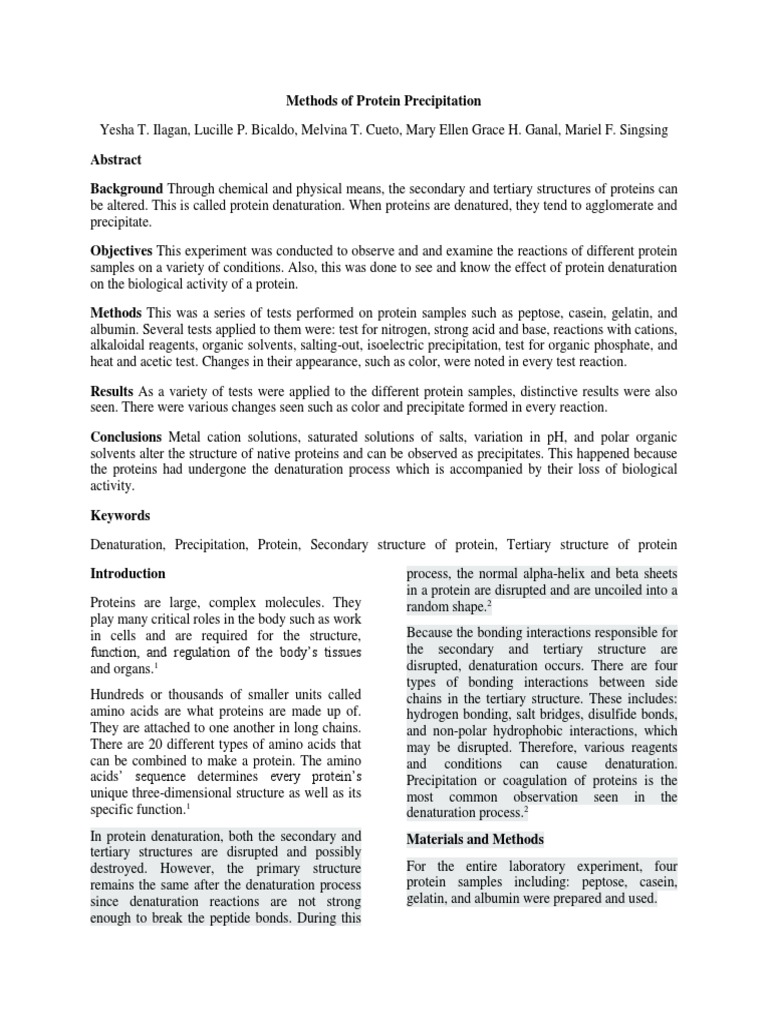 Methods of Protein Precipitation PDF Denaturation (Biochemistry
