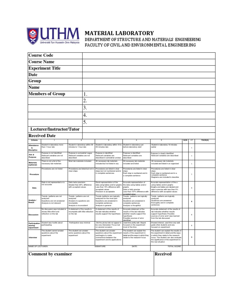 Cover Lab Report UTHM PDF Question Experiment