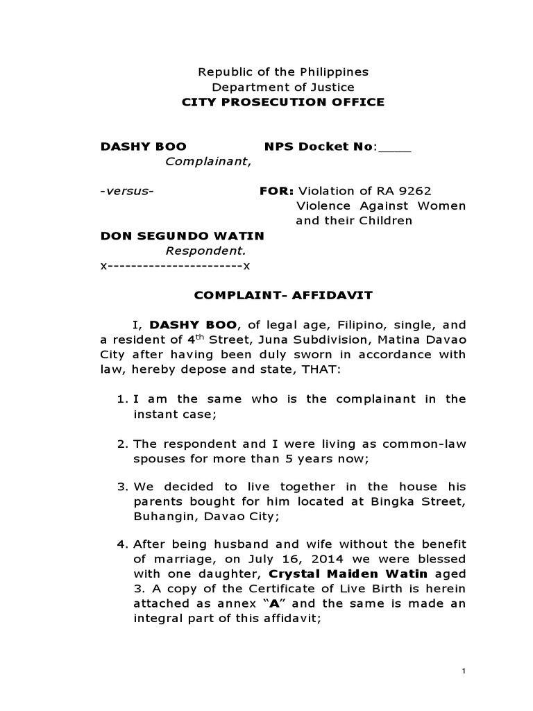 Sample Complaint For VAWC PDF Social Institutions Social Science