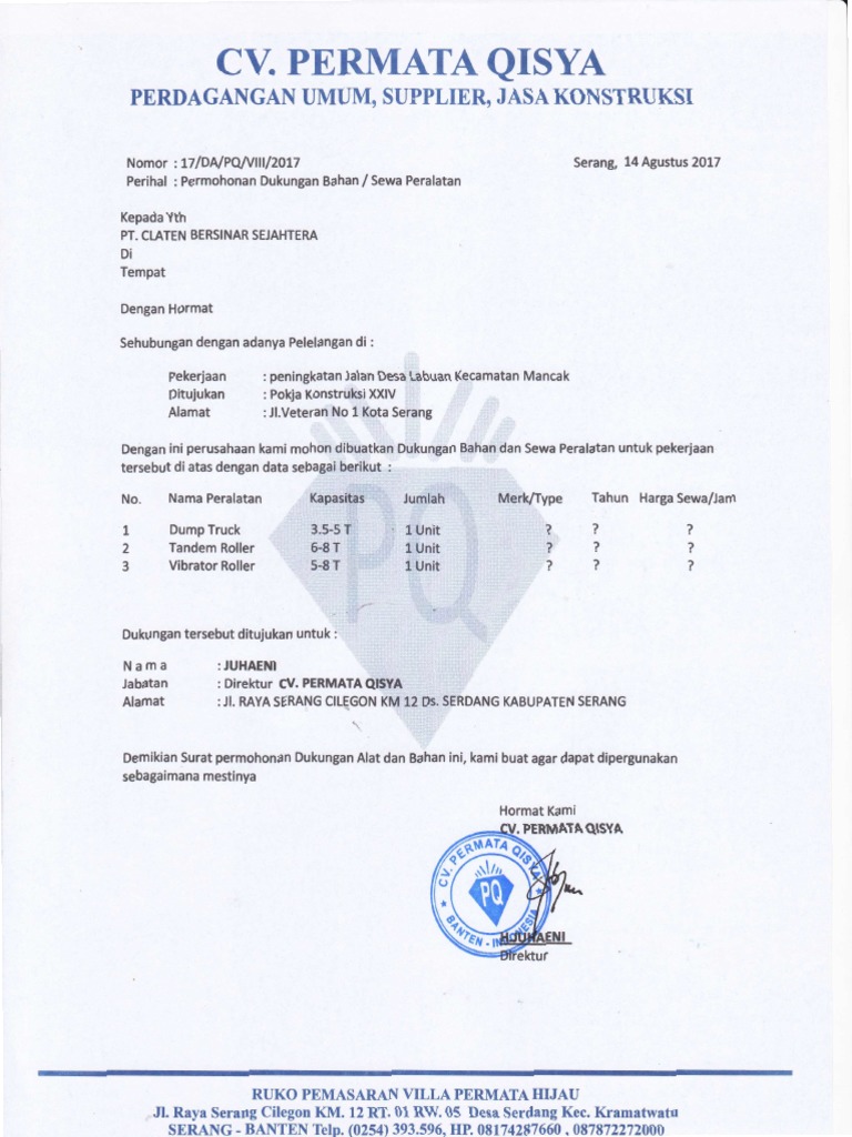 Contoh Surat Permohonan Sewa Atau Pajak Tanah