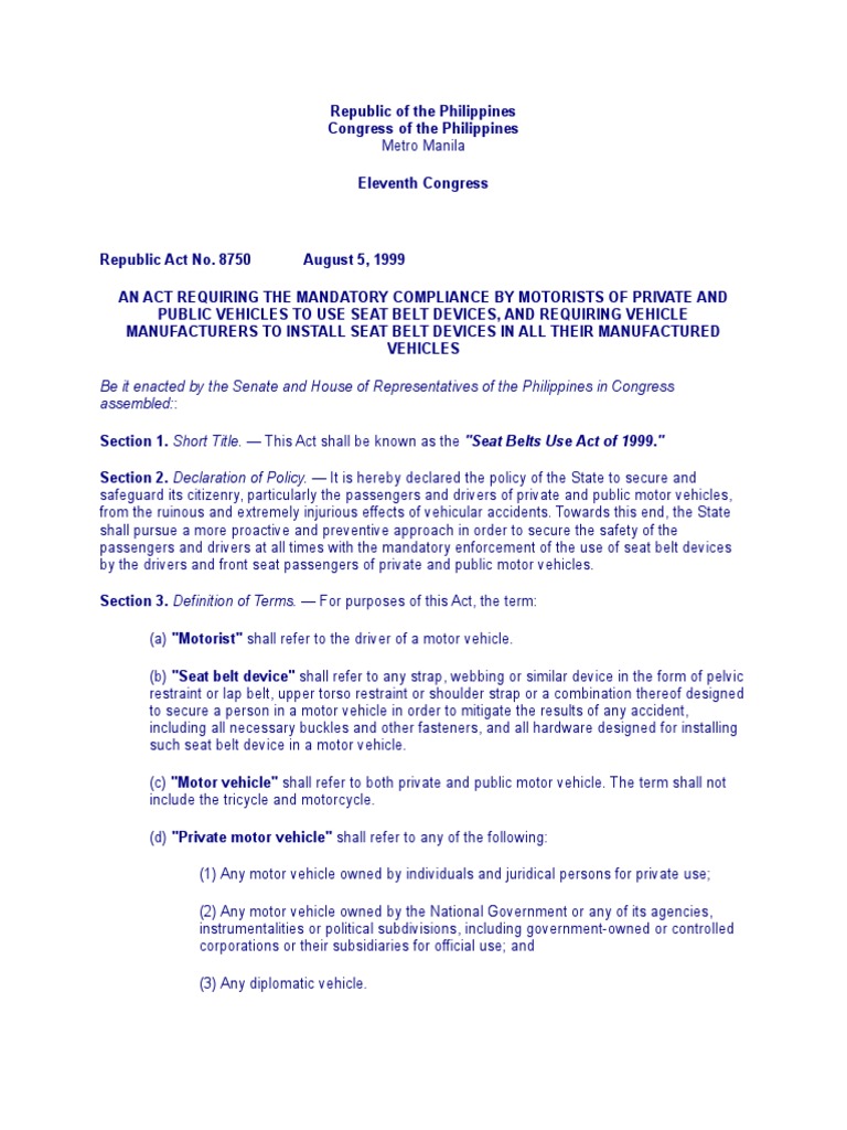 Seat Belts Use Act of 1999 RA 8750 PDF Seat Belt Vehicles