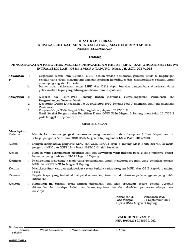 SK Pelantikan MPK Dan OSIS