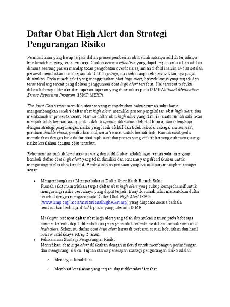 Daftar Obat High Alert Dan Strategi Pengurangan Risiko