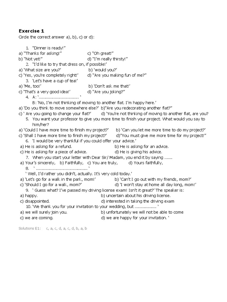 Exercise 1: Solutions E1: C, A, C, D, A, C, D, B, A, B | PDF | Home ...