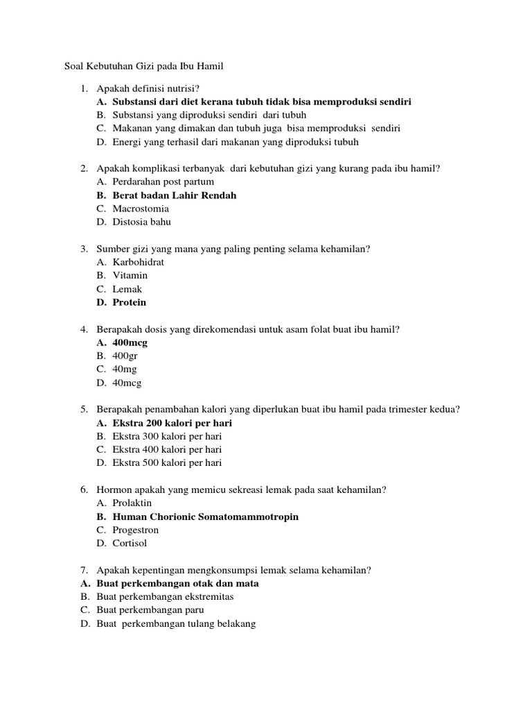 Soal Kebutuhan Gizi Pada Ibu Hamil