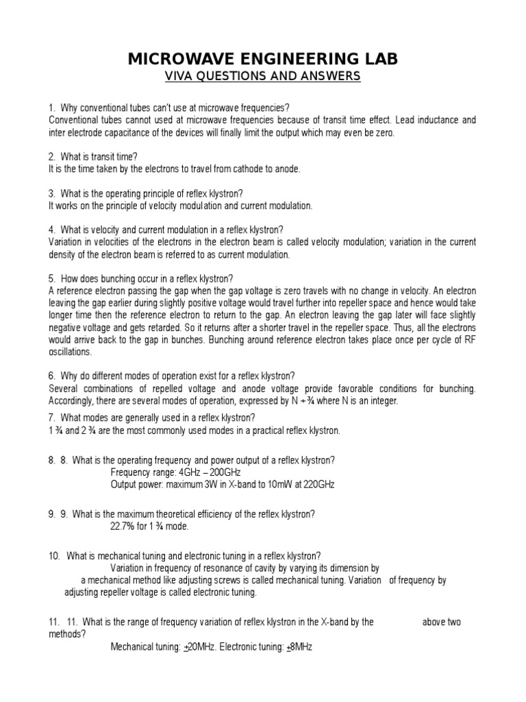 Microwave Engineering Lab Viva 1 PDF Waveguide Electronic Oscillator