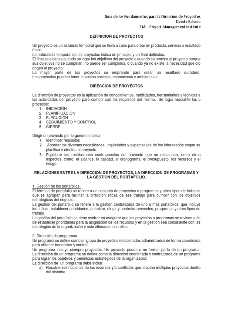 Resumen Capitulo 1 Pmbok | PDF | Gestión de proyectos | Liderazgo