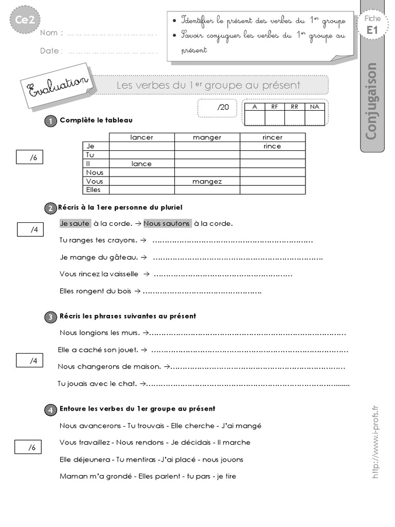 Exercice Conjugaison Ce2 à Imprimer Ce2 Evaluation 1er Groupe Present | PDF | Mécanique du langage | Philologie
