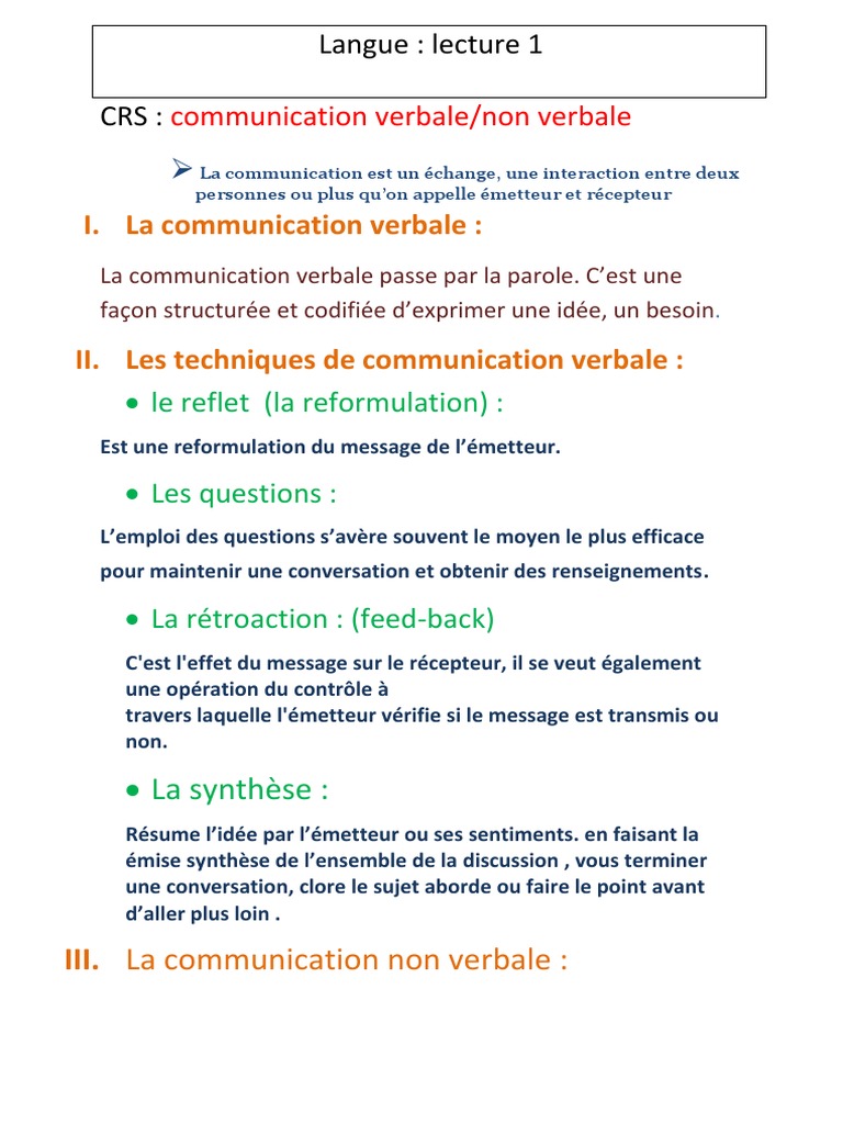 Techniques de communication verbale et non verbale | PDF