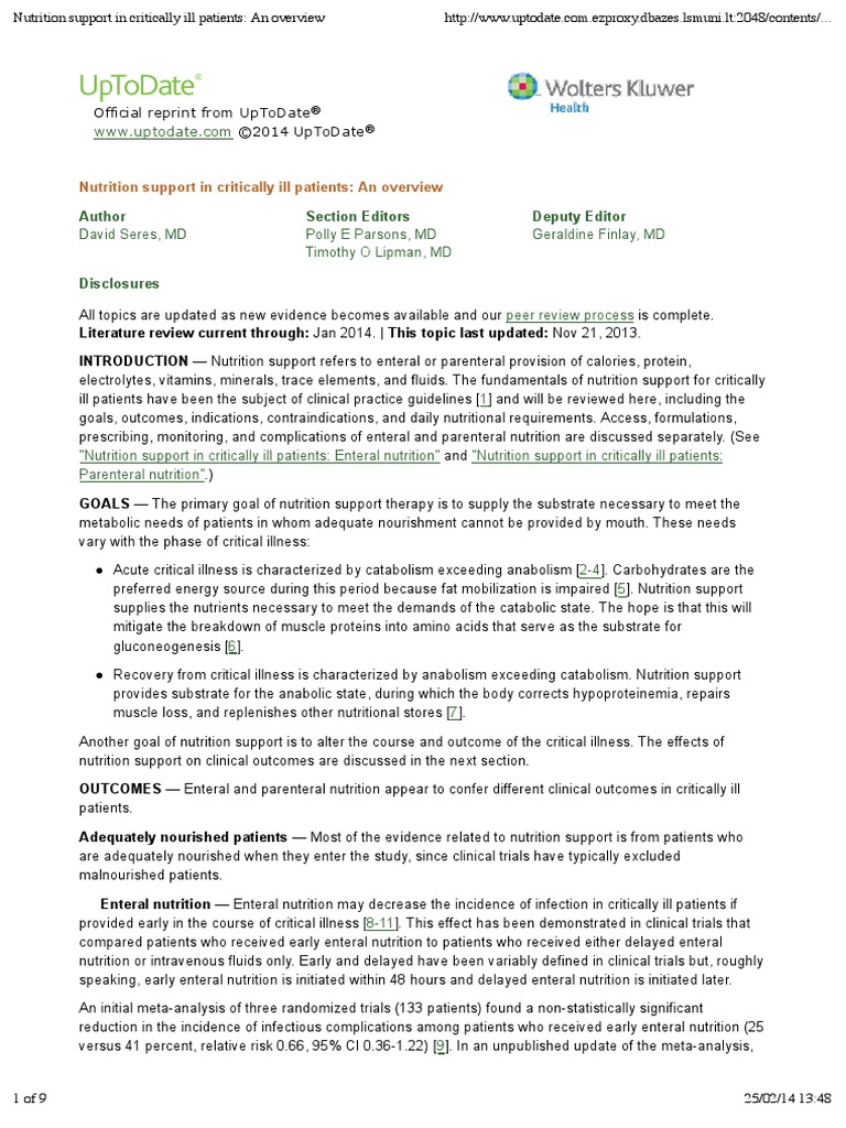 Nutrition Support in Critically Ill Patients - An Overview | PDF ...