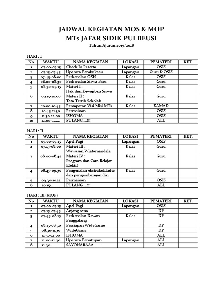 Jadwal Kegiatan Mos Mts