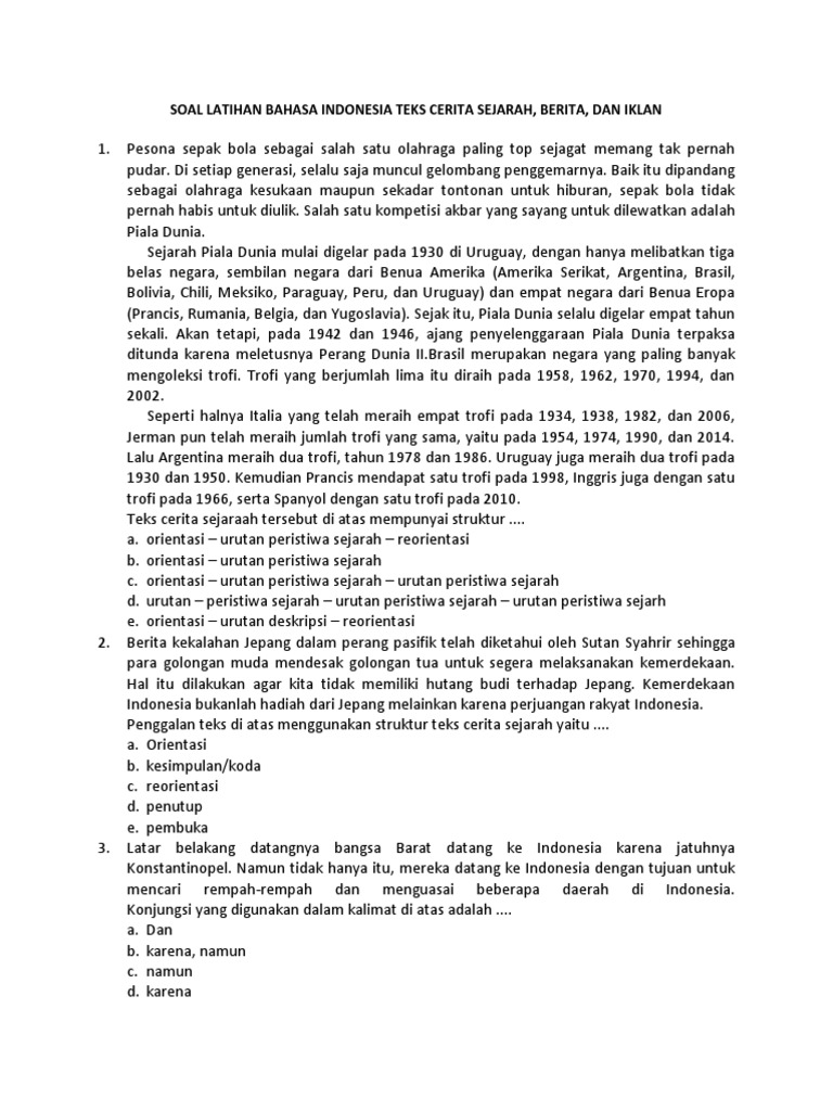 Contoh Soal Pilihan Ganda Bahasa Indonesia Tentang Teks Cerita Sejarah