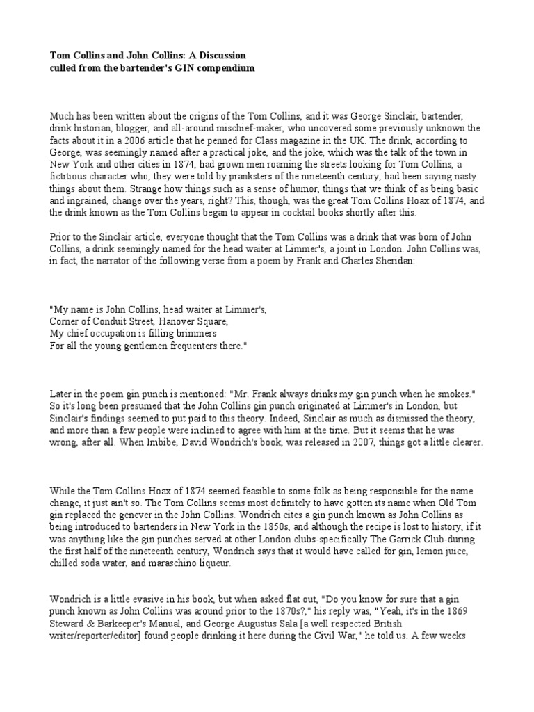 Tom Collins and John Collins PDF Alcoholic Drinks Distilled Drinks