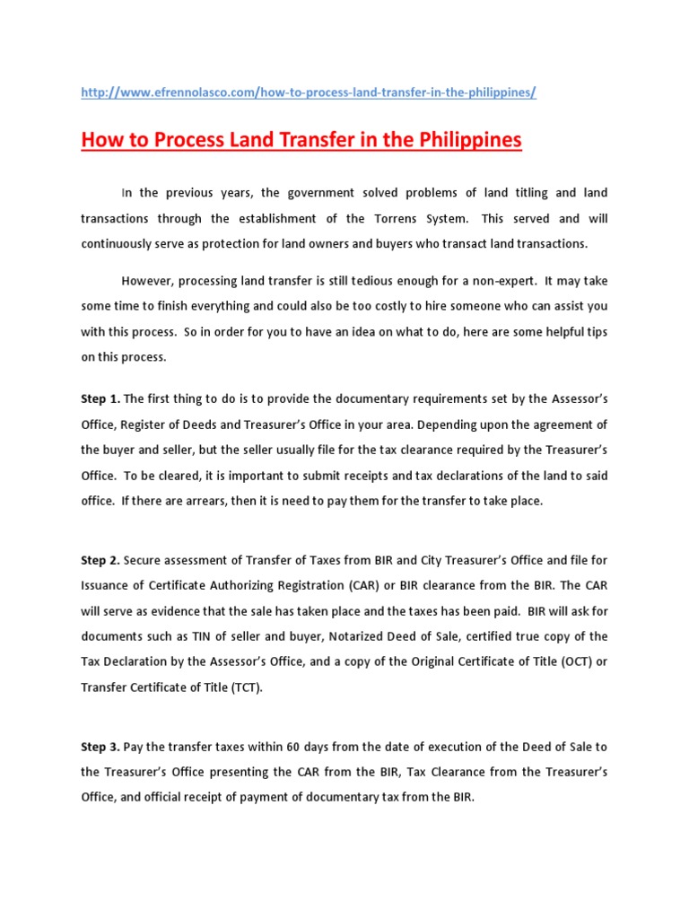 How to Process Land Transfer in the Philippines Deed Title (Property)