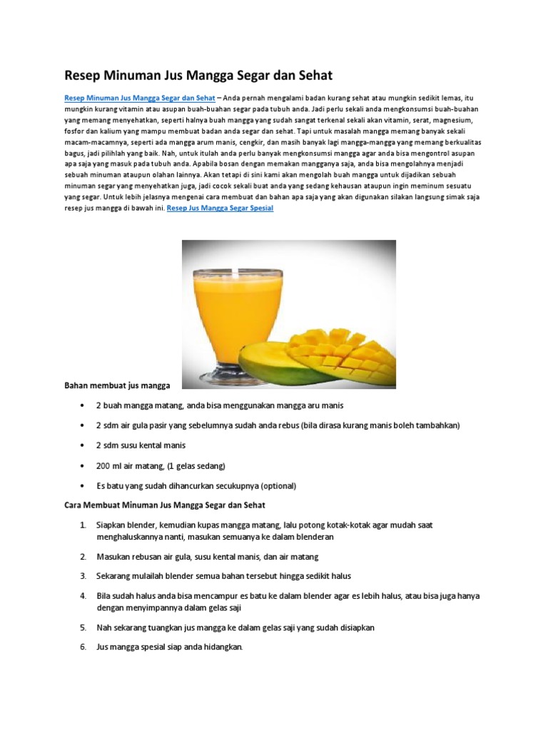 Resep Minuman Jus Mangga Segar Dan Sehat