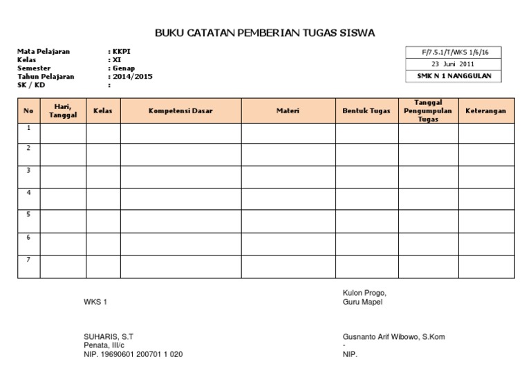 Contoh Buku Catatan Pemberian Tugas Siswa IlmuSosial.id