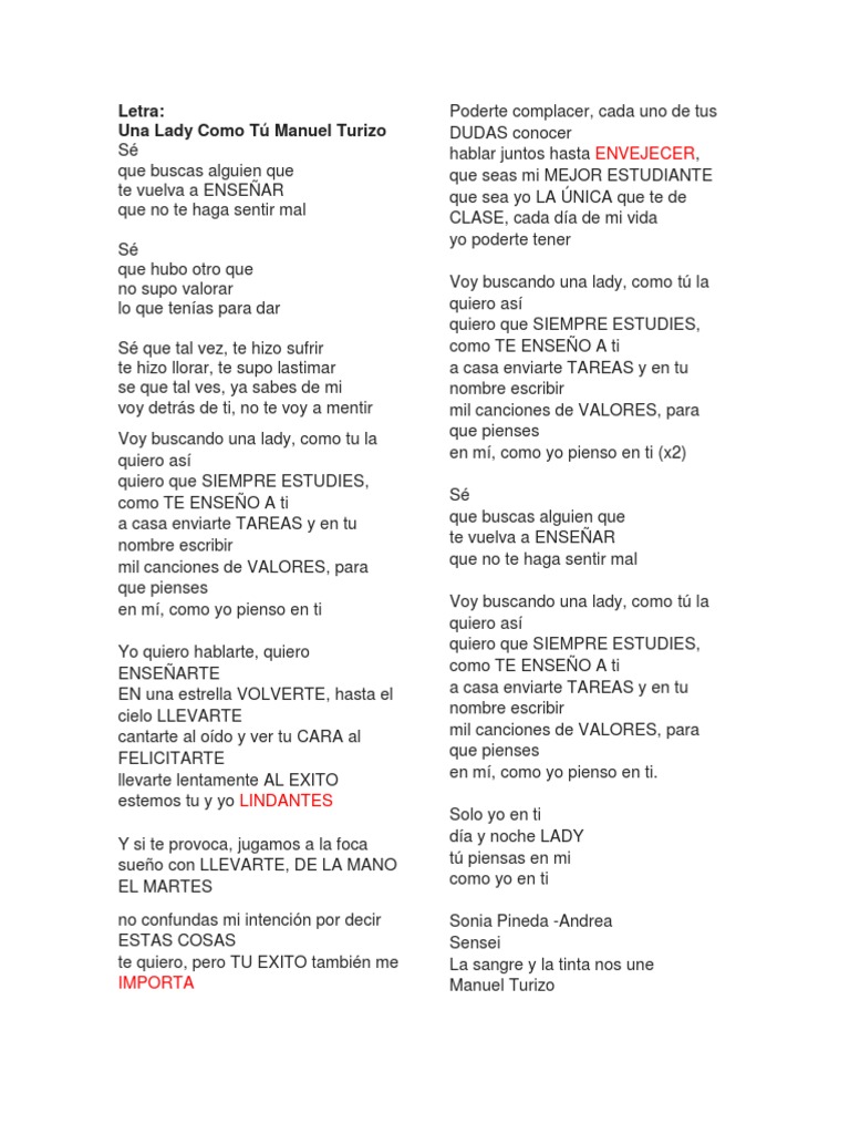 Letra Una Lady Como Tu
