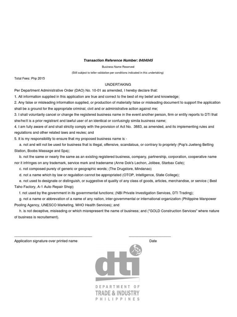 Dti Registration Reference No PDF | PDF | Trademark | Common Law