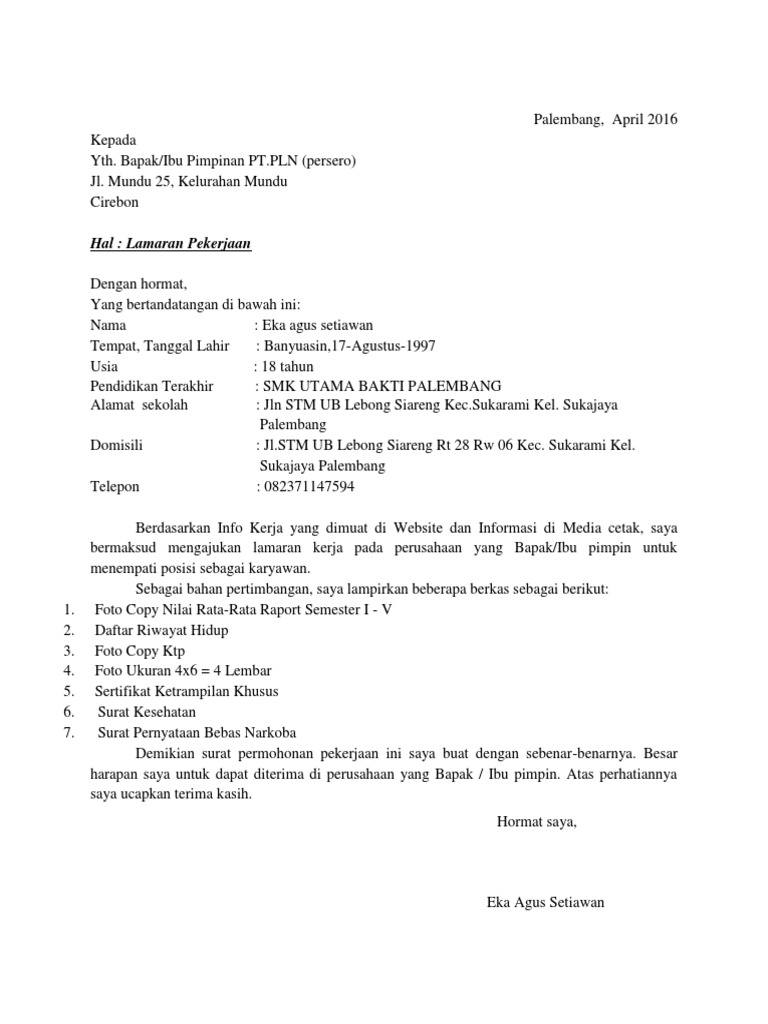 Surat Lamaran Kerja Pt Pln ~ contoh surat lamaran