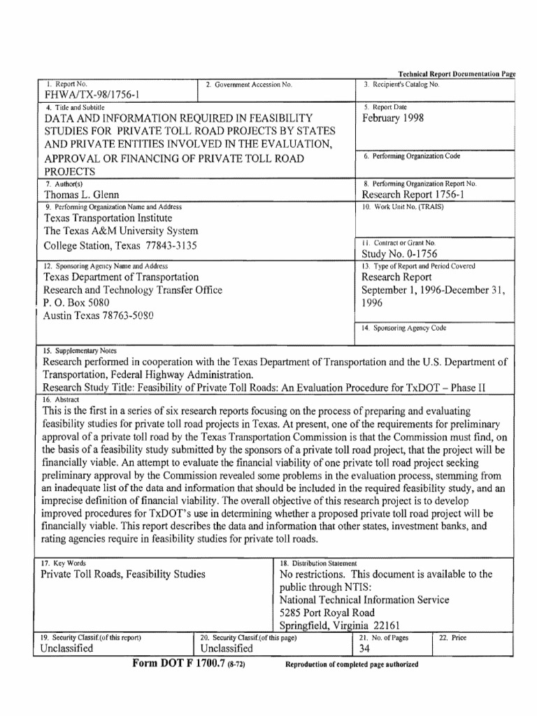 Form DOT F 1700.7 | PDF | Feasibility Study | Loans