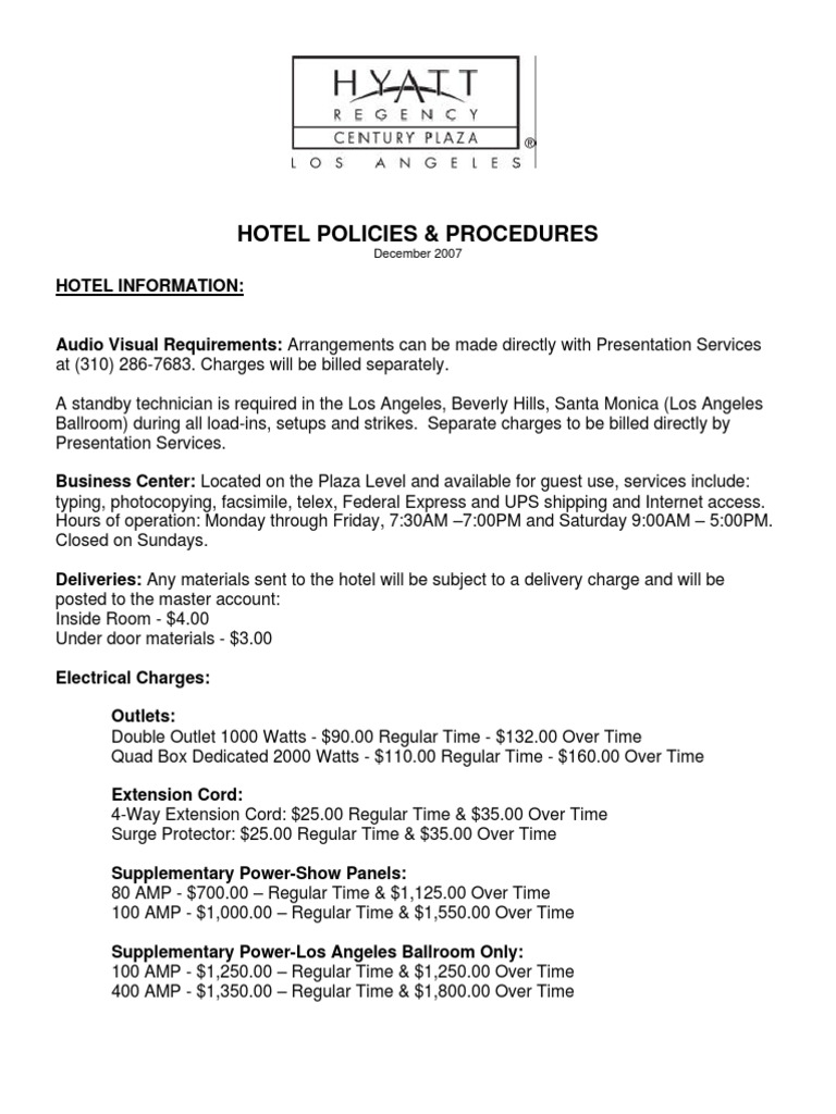 Hyatt Hotel Policies & Procedures Sales PDF Security Guard Fee