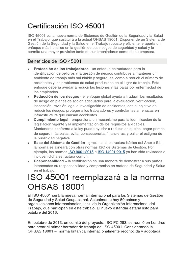 Certificación ISO 45001 | PDF | Seguridad y salud ocupacional ...