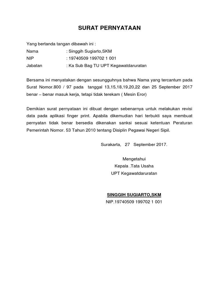 Contoh Surat Keterangan Mesin Absensi Rusak Berbagi